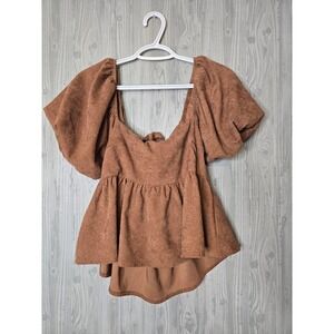 Audrey Parks Francesca's Top Women Medium Corduroy Puff Sleeve Open Back Brown M